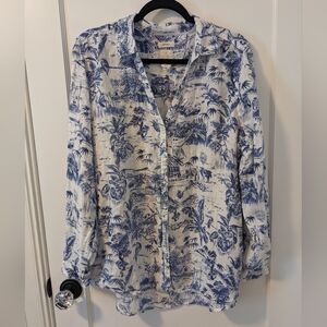 JOIE Blouse-White 100% Linen, Long Roll/Tab Sleeve, Blue Tropical Design, XL
